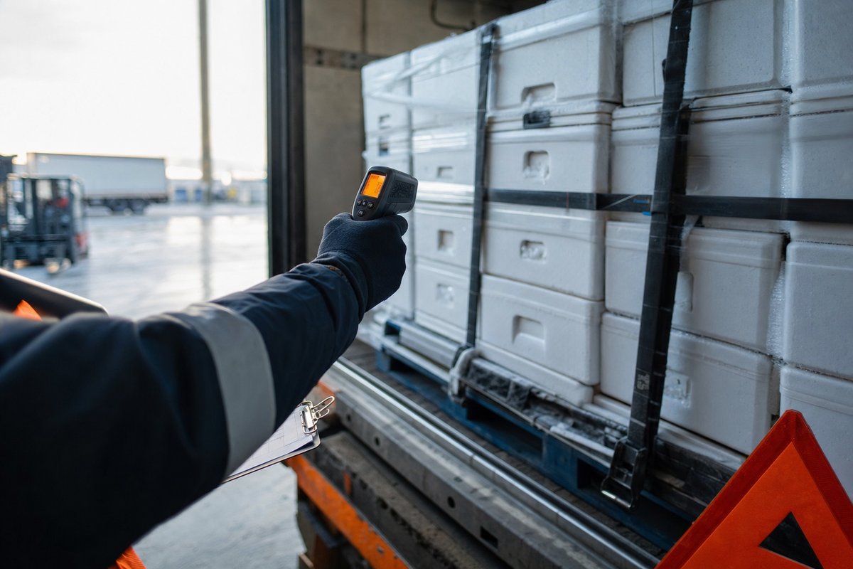 Termometro a infrarossi puntato su un pallet di casse isolate durante un controllo qualità al carico