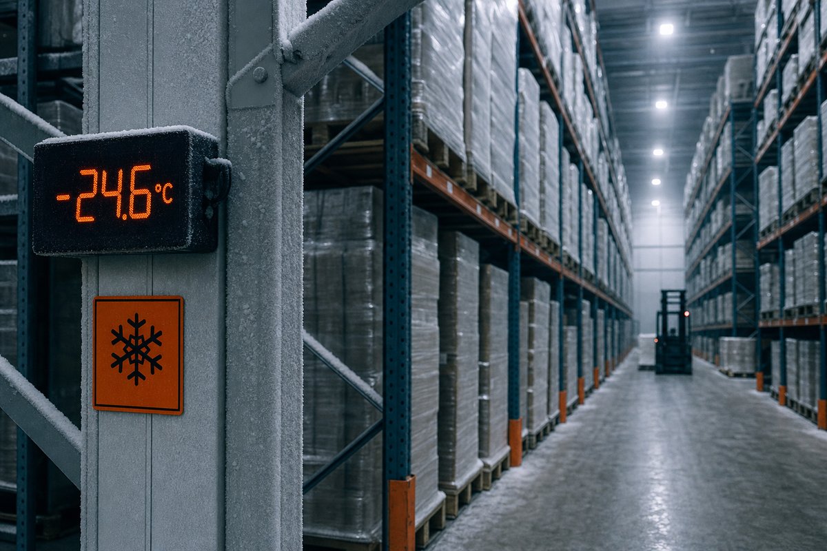 Corridoio di un magazzino refrigerato con scaffalature cariche di pallet e display digitale della temperatura sotto zero