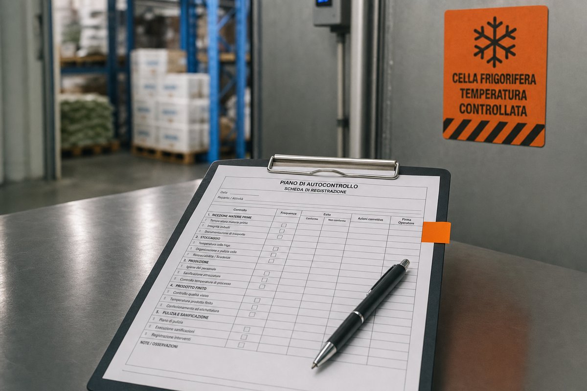 Modulo di autocontrollo HACCP su un tavolo di lavoro in acciaio con penna appoggiata, scaffalatura di magazzino sfocata sullo sfondo