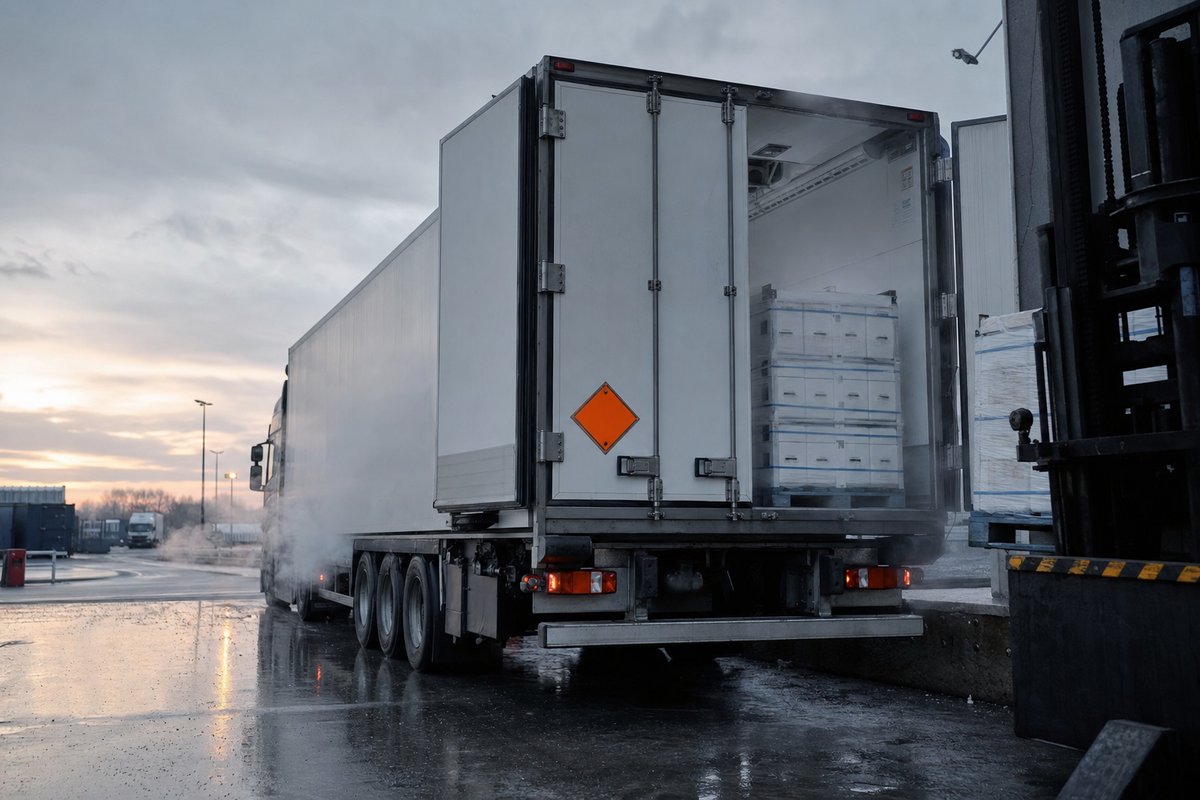 Camion refrigerato in fase di carico presso una banchina, con placca di pericolo ADR sulle porte posteriori