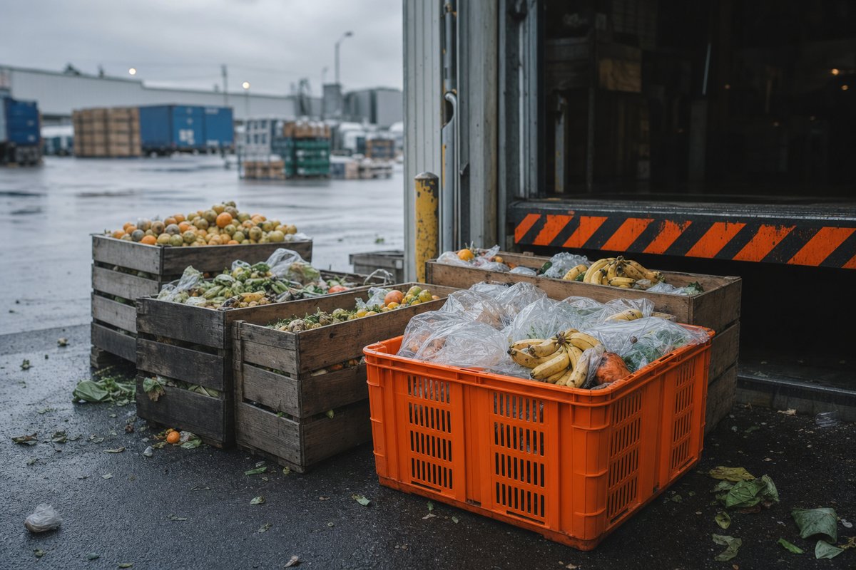 Area di scarico di un mercato alimentare all'ingrosso con casse di prodotto fresco non più vendibile accantonate accanto a una cassetta di recupero