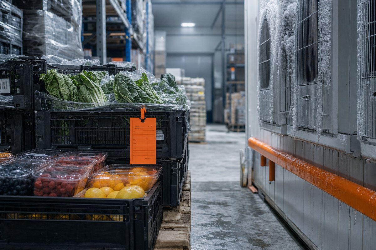 Casse di frutta e verdura fresca stoccate su pallet in un magazzino a temperatura controllata