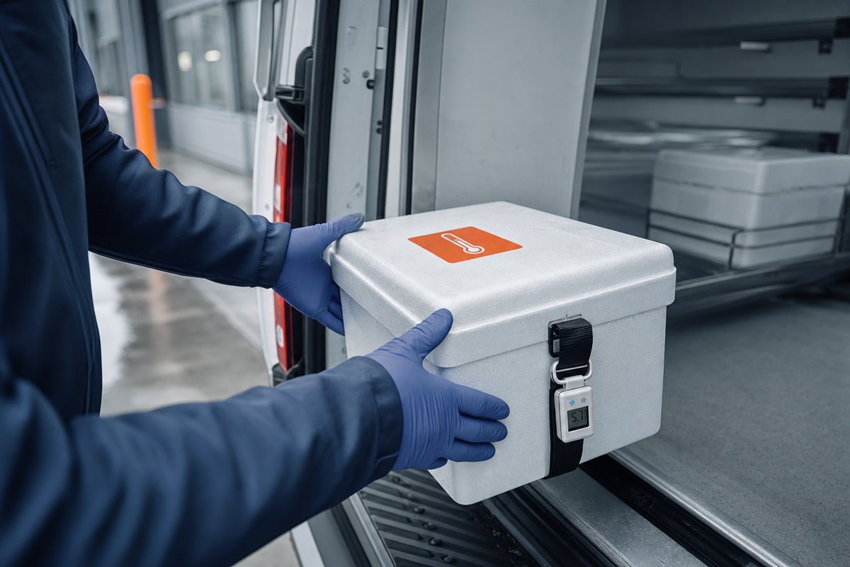 Operatore che carica una scatola isolata per il trasporto farmaceutico con etichetta indicatrice di temperatura