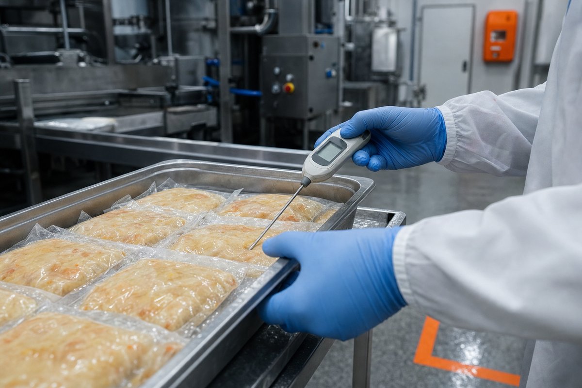 Operatore con guanti e camice controlla la temperatura di un prodotto alimentare con un termometro digitale in uno stabilimento
