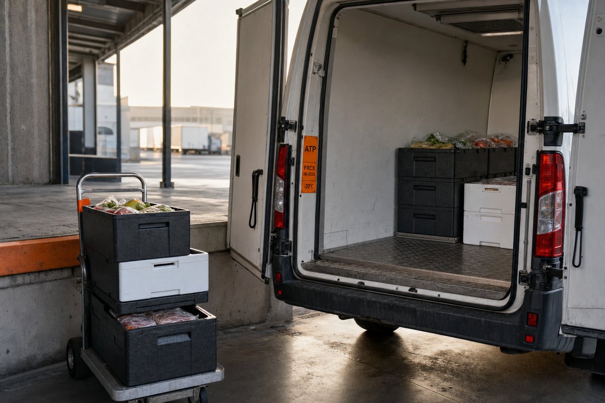 Furgone refrigerato aperto sul retro con targhetta di identificazione ATP e casse isotermiche pronte al carico