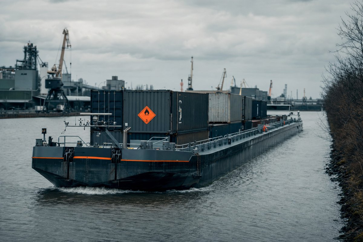 Chiatta fluviale carica di container, uno dei quali reca un'etichetta di pericolo per il trasporto per vie navigabili interne