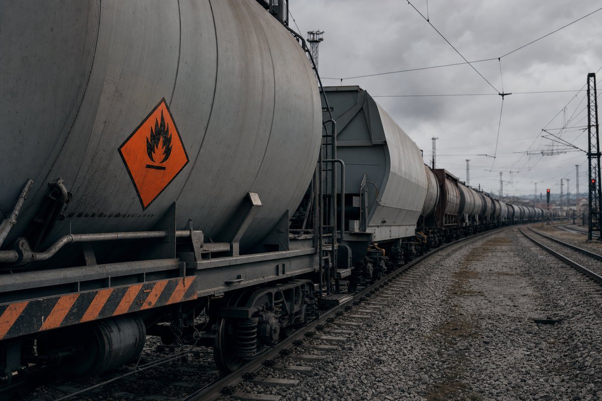 Carro merci ferroviario con etichetta di pericolo su un binario di scalo, cavi della linea aerea visibili sullo sfondo